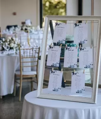 A table seating plan for a wedding reception inside The Venue at Sandy Cove Hotel