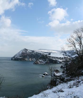 Snow covering the bay as seen from Sandy Cove Hotel