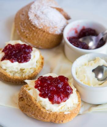 A cream tea at Sandy Cove Hotel with scones, jam and cream