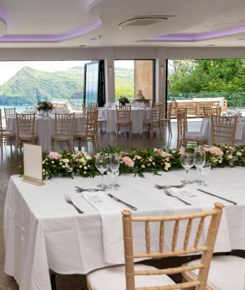 Wedding table decorations at the Sandy Cove Hotel