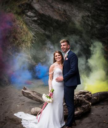 Wedding Couple on Beach with Caves